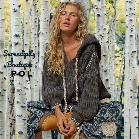 POL Boho Grunge Oversized Slouch Chunky Cable Knit Balloon Sleeve Hoodie Sweater - Picture 9 of 12